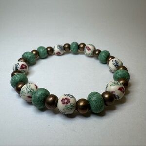 Hand Crafted Chic Green, Floral and Antique Bronze Beaded Bracelet